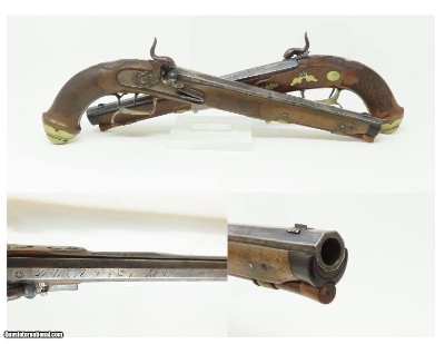 Antique PAIR of SILVER INLAID Germanic KUCHENREUTER Perc Conversion Pistols Early 1800s BRACE of Fascinating INLAID PISTOLS