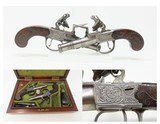 Cased PAIR of ENGRAVED Antique GRICE FLINTLOCK Pistols SILVER Wire INLAID Matching Brace of BOXLOCKS with ACCESSORIES - 1 of 25