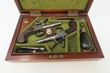 Cased PAIR of ENGRAVED Antique GRICE FLINTLOCK Pistols SILVER Wire INLAID Matching Brace of BOXLOCKS with ACCESSORIES - 23 of 25