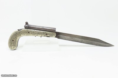 Mid-1800s ENGRAVED GERMAN SILVER DOUBLE BARREL KNIFE PISTOL .31 PercussionPistol/Knife Combo w/DAMASCUS BARRELS & FIXED BLADE - Image 8 of 16