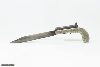 Mid-1800s ENGRAVED GERMAN SILVER DOUBLE BARREL KNIFE PISTOL .31 PercussionPistol/Knife Combo w/DAMASCUS BARRELS & FIXED BLADE - Image 4 of 16