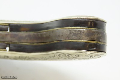 Mid-1800s ENGRAVED GERMAN SILVER DOUBLE BARREL KNIFE PISTOL .31 PercussionPistol/Knife Combo w/DAMASCUS BARRELS & FIXED BLADE - Image 16 of 16