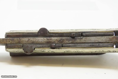 Mid-1800s ENGRAVED GERMAN SILVER DOUBLE BARREL KNIFE PISTOL .31 PercussionPistol/Knife Combo w/DAMASCUS BARRELS & FIXED BLADE - Image 11 of 16