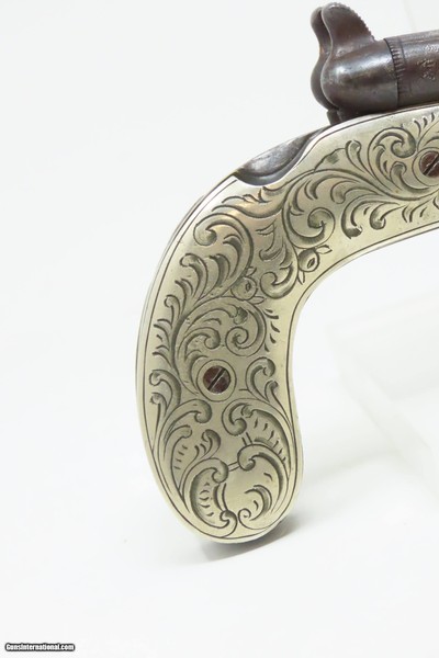Mid-1800s ENGRAVED GERMAN SILVER DOUBLE BARREL KNIFE PISTOL .31 PercussionPistol/Knife Combo w/DAMASCUS BARRELS & FIXED BLADE - Image 5 of 16