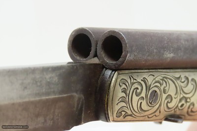 Mid-1800s ENGRAVED GERMAN SILVER DOUBLE BARREL KNIFE PISTOL .31 PercussionPistol/Knife Combo w/DAMASCUS BARRELS & FIXED BLADE - Image 7 of 16