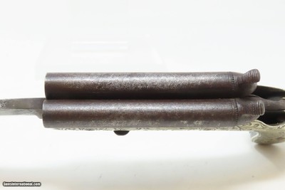 Mid-1800s ENGRAVED GERMAN SILVER DOUBLE BARREL KNIFE PISTOL .31 PercussionPistol/Knife Combo w/DAMASCUS BARRELS & FIXED BLADE - Image 14 of 16