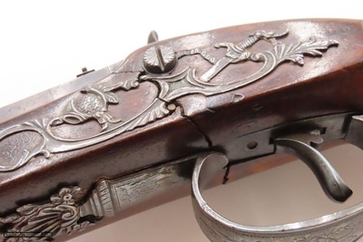 1804 SILVER Hallmark Antique Joseph MANTON Pistol Large Ornate Set TriggerENGRAVED with CAST SILVER HARDWARE - Image 4 of 20