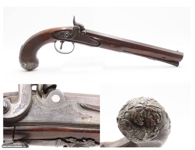 1804 SILVER Hallmark Antique Joseph MANTON Pistol Large Ornate Set Trigger
ENGRAVED with CAST SILVER HARDWARE