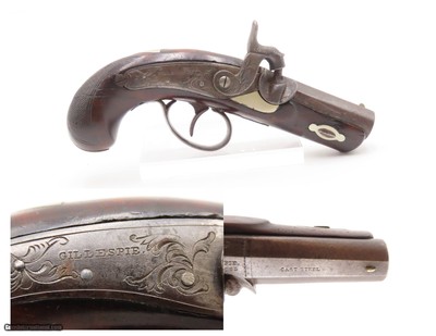 Very Scarce ENGRAVED Antique GILLESPIE .48 Percussion DERINGER Style Pistol CALIFORNIA GOLD RUSH Era RIVERBOAT GAMBLER’s Gun