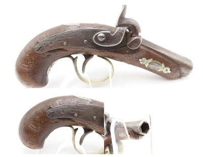 ENGRAVED & SILVER Mounted A.J. PLATE Antique DERINGER .42 Percussion Pistol SAN FRANCISCO Retailer Marked POCKET PISTOL