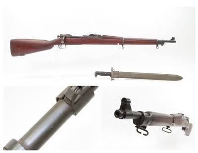 WORLD WAR II U.S. Remington M1903 BOLT ACTION .30-06 C&R Rifle w/BAYONET
WWII Rifle 1942 mfg. “RA/4-42 FLAMING BOMB” Barrel