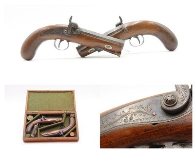 CASED PAIR of ENGRAVED Antique WHEELER & SON of London PERCUSSION Pistols
1830s-40s ENGLISH SELF DEFENSE Handguns