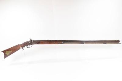 Mid-1800s Antique AMERICAN Half Stock Percussion HOMESTEAD/HUNTING Rifle
GAME GETTING .43 Caliber Rifle with GOLCHER LOCK