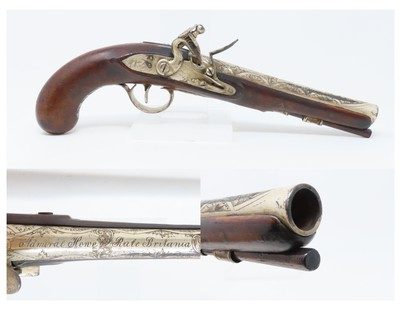 RULE BRITANNIA! ADMIRAL HOWE British FLINTLOCK Pistol by ELLIS .62 Antique
Ornately Engraved London Sidearm Late-18th Century
