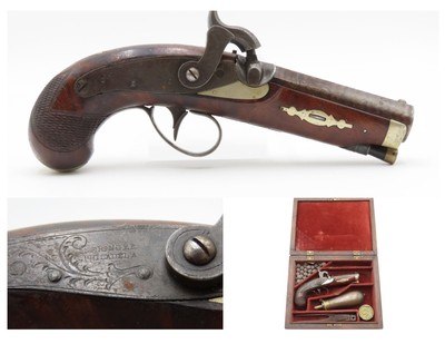 CASED, ENGRAVED & SILVER Mounted Antique .43 DERINGER Pistol KILLED LINCOLN Henry Deringer’s Famous Pocket Pistol w/ACCESSORIES
