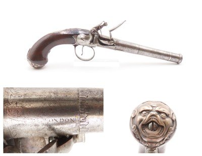 SILVER MOUNTED B. Brooke Antique QUEEN ANNE Flintlock Pistol GROTESQUE Mask BRITISH PROOFED with RIFLED SCREW OFF BARREL