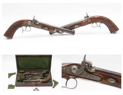 PARISIAN PAIR Percussion DUELING PISTOLS Cased, Engraved FERDINAND CLAUDINCarved Fluted Stocks, Full Kit