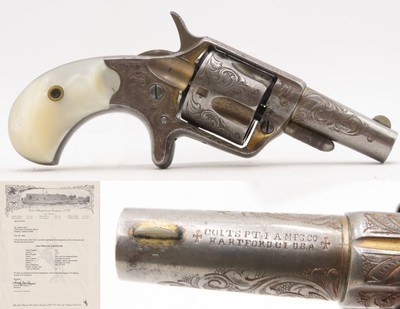 LETTERED Antique Engraved Gold COLT NEW LINE .41 RF Revolver w/PEARL GRIPSNEW YORK Shipped to SCHUYLER, HARTLEY & GRAHAM