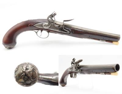 Mid-1700s SILVER MOUNTED Antique I. SMITH British FLINTLOCK Coat Pistol1750s-60s Handgun with SILVER GROTESQUE MASK