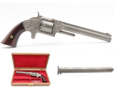 CASED & ENGRAVED Antique SMITH & WESSON No. 2 “Old Army” .32 RF Revolver“DEAD MAN’S HAND” Gun Engraved by RACHEL WELLS