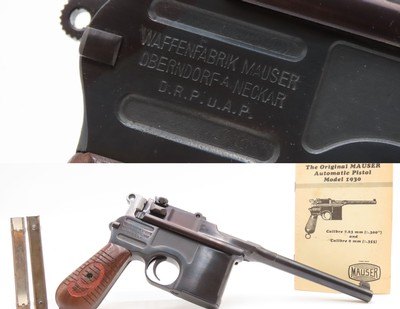 German MAUSER WORLD WAR I Era 9x19mm BROOMHANDLE Semi-Auto PISTOL C&RWith “RED 9” GRIPS, MANUEL & STRIPPER CLIPS
