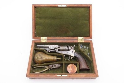 CASED 1852 GUSTAVE YOUNG Era Factory Engraved COLT M1849 Revolver CIVIL WAR Antique .31 PERCUSSION Pocket Revolver ACCESSORIES