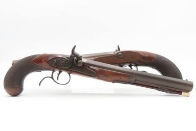 Antique ENGRAVED PAIR British RUMBOLD Percussion DUELING/OFFICER’S PistolsInscribed GOLD & SILVER ACCENTED Conversion Pistols