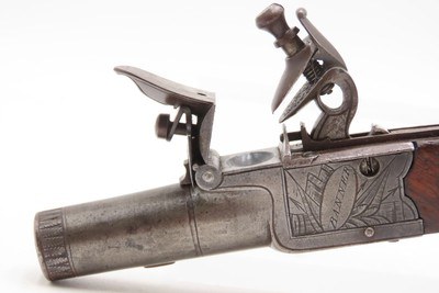 Engraved CASED BRACE of British BANNER Antique Boxlock FLINTLOCK PistolsWith WOODEN CASE, TWO FLINTS, & PICK/SCREWDRIVER - Image 6 of 25
