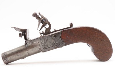Engraved CASED BRACE of British BANNER Antique Boxlock FLINTLOCK PistolsWith WOODEN CASE, TWO FLINTS, & PICK/SCREWDRIVER - Image 5 of 25