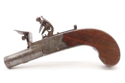 Engraved CASED BRACE of British BANNER Antique Boxlock FLINTLOCK PistolsWith WOODEN CASE, TWO FLINTS, & PICK/SCREWDRIVER - Image 18 of 25