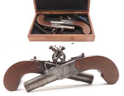 Engraved CASED BRACE of British BANNER Antique Boxlock FLINTLOCK PistolsWith WOODEN CASE, TWO FLINTS, & PICK/SCREWDRIVER