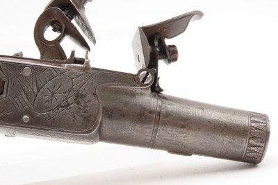 Engraved CASED BRACE of British BANNER Antique Boxlock FLINTLOCK PistolsWith WOODEN CASE, TWO FLINTS, & PICK/SCREWDRIVER - Image 14 of 25