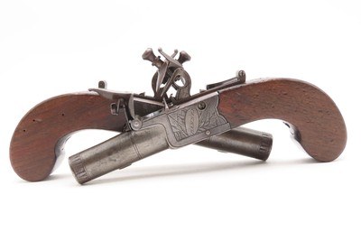 Engraved CASED BRACE of British BANNER Antique Boxlock FLINTLOCK PistolsWith WOODEN CASE, TWO FLINTS, & PICK/SCREWDRIVER - Image 4 of 25