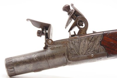 Engraved CASED BRACE of British BANNER Antique Boxlock FLINTLOCK PistolsWith WOODEN CASE, TWO FLINTS, & PICK/SCREWDRIVER - Image 19 of 25