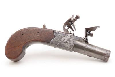 Engraved CASED BRACE of British BANNER Antique Boxlock FLINTLOCK PistolsWith WOODEN CASE, TWO FLINTS, & PICK/SCREWDRIVER - Image 13 of 25