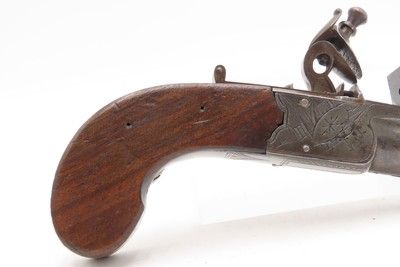 Engraved CASED BRACE of British BANNER Antique Boxlock FLINTLOCK PistolsWith WOODEN CASE, TWO FLINTS, & PICK/SCREWDRIVER - Image 15 of 25