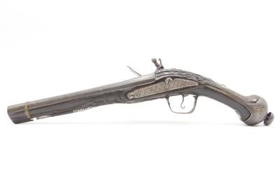 PAIR of ENGRAVED & SILVER INLAID Antique Ornate CAUCASIAN Flintlock Pistols OTTOMAN Early 18th Century DRAGOON Horse Pistols - Image 8 of 25