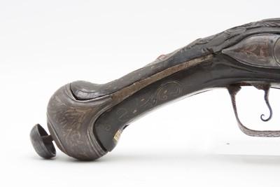 PAIR of ENGRAVED & SILVER INLAID Antique Ornate CAUCASIAN Flintlock Pistols OTTOMAN Early 18th Century DRAGOON Horse Pistols - Image 12 of 25