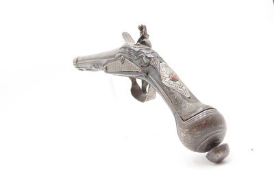 PAIR of ENGRAVED & SILVER INLAID Antique Ornate CAUCASIAN Flintlock Pistols OTTOMAN Early 18th Century DRAGOON Horse Pistols - Image 24 of 25