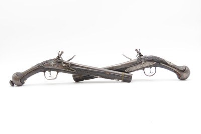 PAIR of ENGRAVED & SILVER INLAID Antique Ornate CAUCASIAN Flintlock Pistols OTTOMAN Early 18th Century DRAGOON Horse Pistols - Image 2 of 25