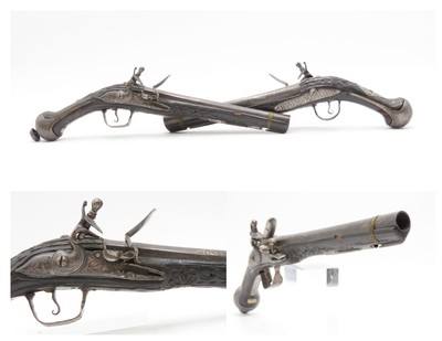 PAIR of ENGRAVED & SILVER INLAID Antique Ornate CAUCASIAN Flintlock Pistols OTTOMAN Early 18th Century DRAGOON Horse Pistols - Image 1 of 25