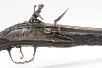 PAIR of ENGRAVED & SILVER INLAID Antique Ornate CAUCASIAN Flintlock Pistols OTTOMAN Early 18th Century DRAGOON Horse Pistols - Image 7 of 25