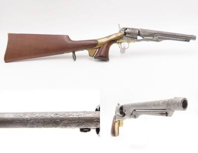 1863 mfr. ENGRAVED Antique CIVIL WAR Antique COLT M1860 .44 Percussion ARMY ENGRAVER RACHEL WELLS w/ SHOULDER STOCK