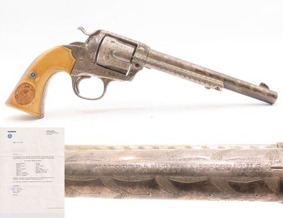 1905 ENGRAVED, SILVER PLATED COLT Bisley SAA .32-20 WCF Revolver C&R CARVED EAGLE & SNAKE IVORY GRIPS - Image 1 of 25