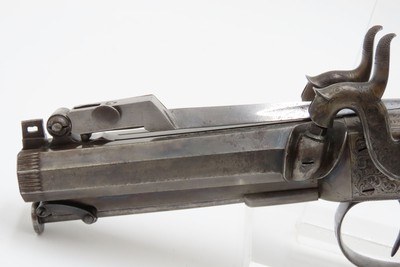 English ENGRAVED Antique BLANCH DOUBLEBARREL Percussion Pistol SNAP BAYONET With Custom Fitted Wooden Case - Image 14 of 17