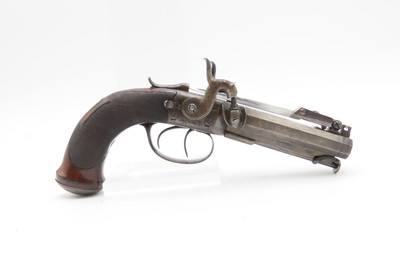 English ENGRAVED Antique BLANCH DOUBLEBARREL Percussion Pistol SNAP BAYONET With Custom Fitted Wooden Case - Image 3 of 17