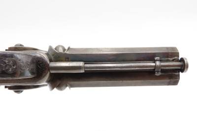 English ENGRAVED Antique BLANCH DOUBLEBARREL Percussion Pistol SNAP BAYONET With Custom Fitted Wooden Case - Image 6 of 17