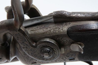 English ENGRAVED Antique BLANCH DOUBLEBARREL Percussion Pistol SNAP BAYONET With Custom Fitted Wooden Case - Image 12 of 17
