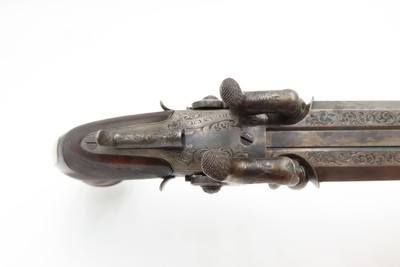 English ENGRAVED Antique BLANCH DOUBLEBARREL Percussion Pistol SNAP BAYONET With Custom Fitted Wooden Case - Image 9 of 17