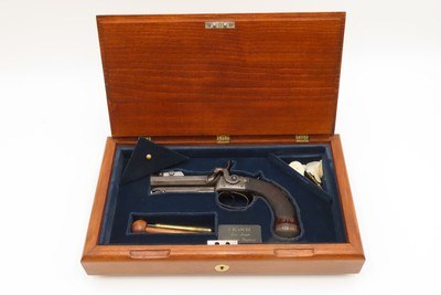 English ENGRAVED Antique BLANCH DOUBLEBARREL Percussion Pistol SNAP BAYONET With Custom Fitted Wooden Case - Image 2 of 17